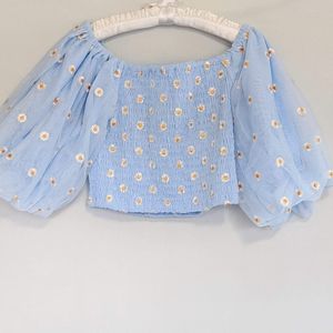 Off Shoulder Puff Sleeve Floral Crop Top